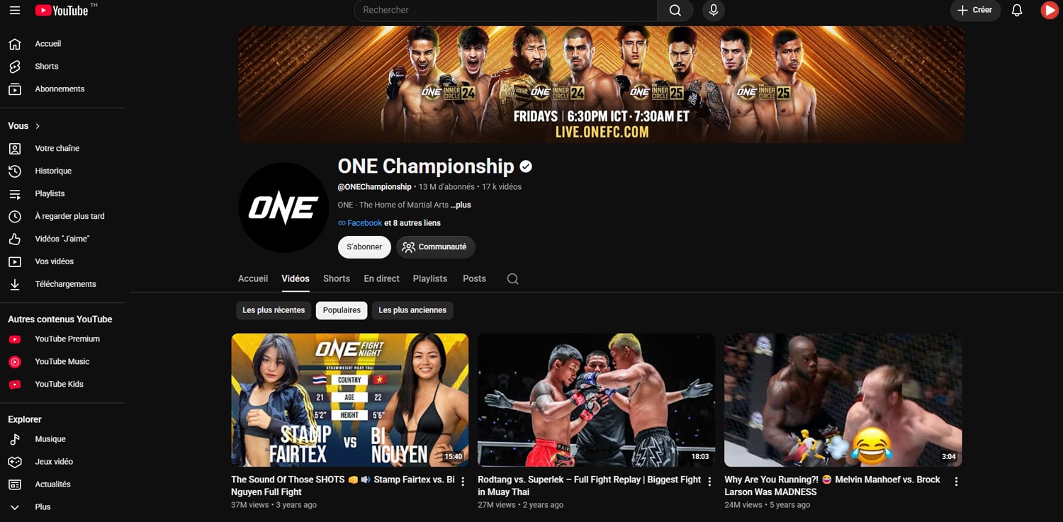 Muay Thaï ONE Championship streaming gratuit sur Youtube